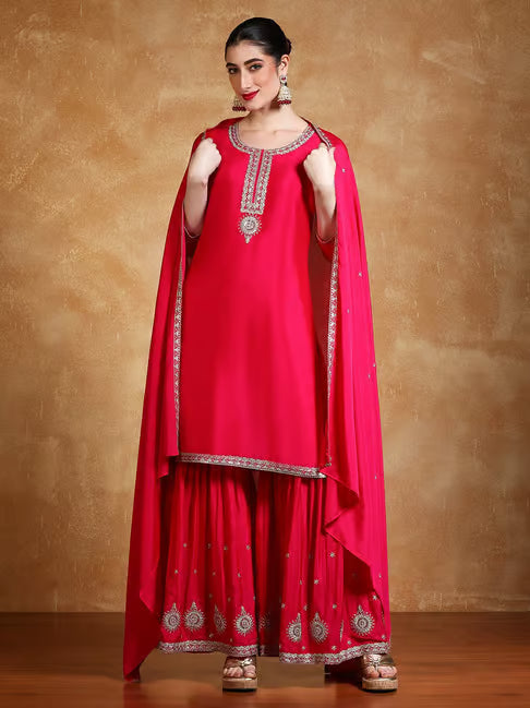 KF Women Zari Embroidered Yoke Kurta With Sharara And Dupatta