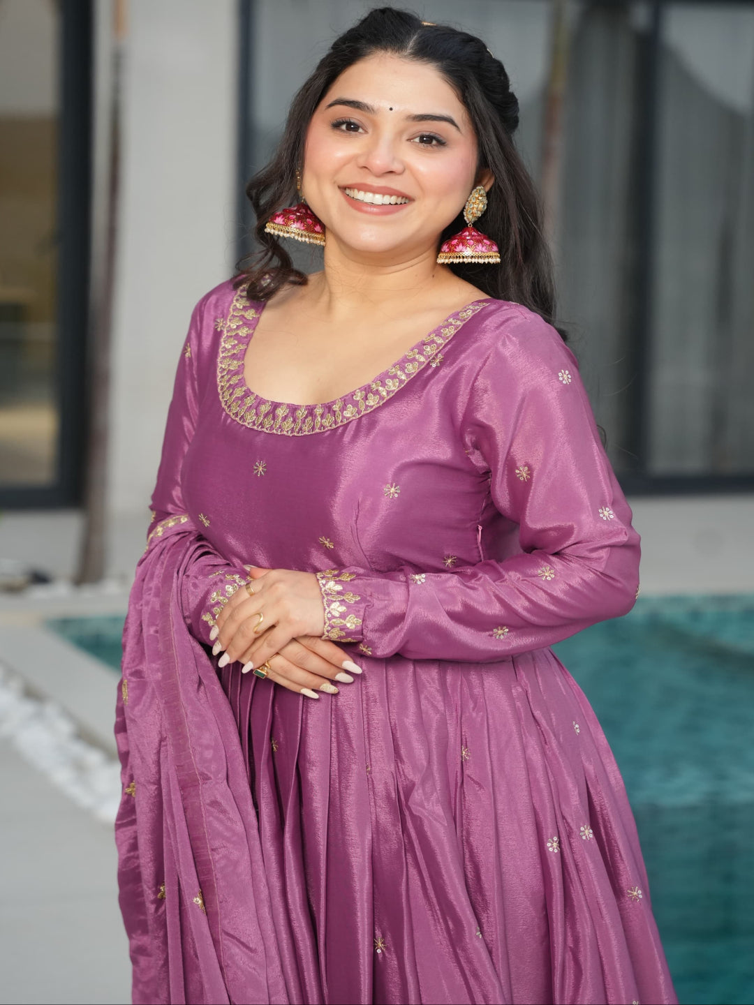 ES Designer Gown Chinnon Fabric With Embroidery, Zari & Sequin Work