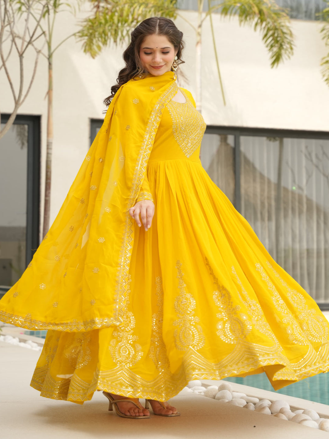 ES Embroidered Faux Blooming Gown with Dupatta – Festive & Party Wear