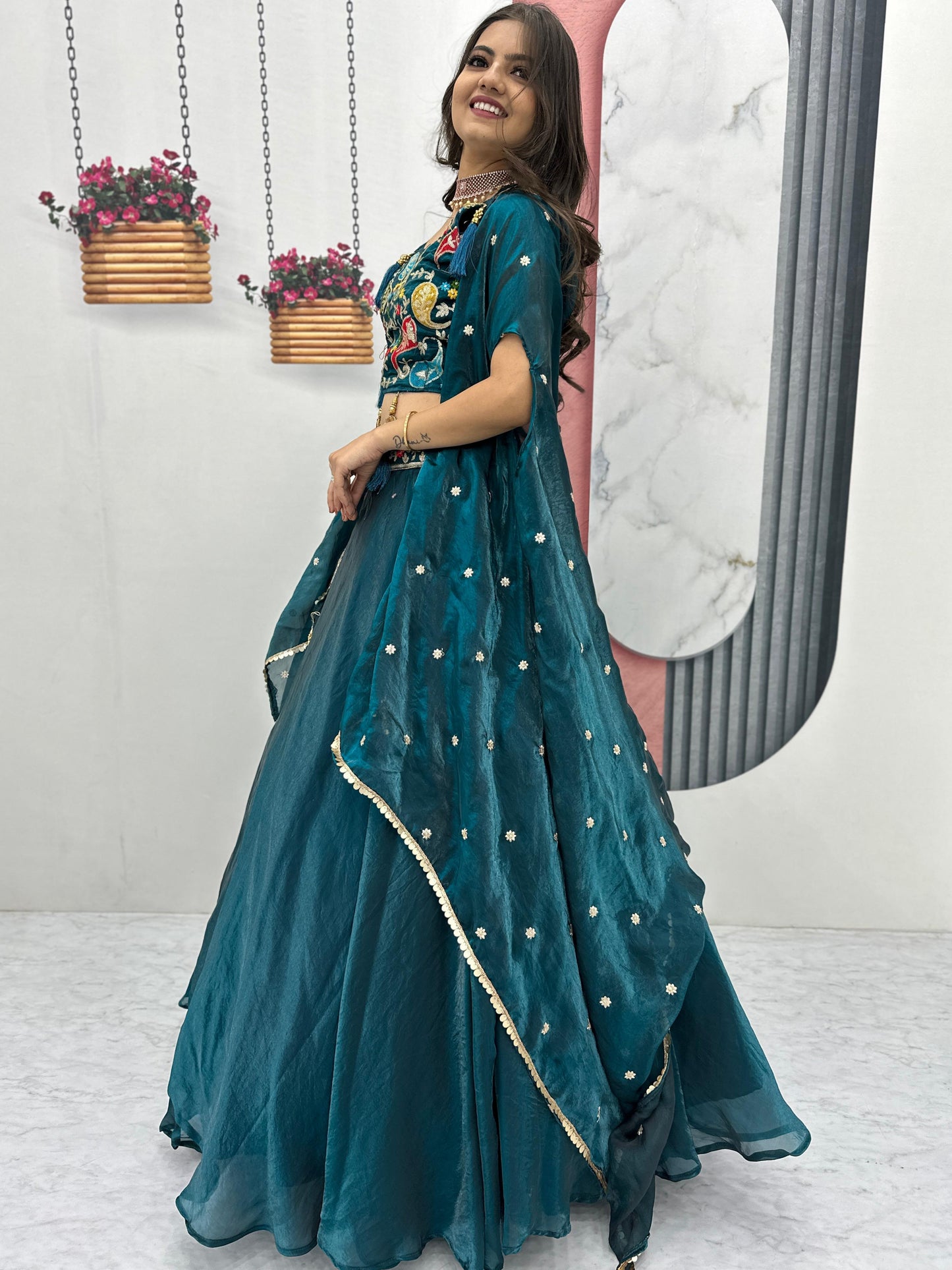 ES Fendy Lehenga Choli set with heavy embroidery with Shrug style Dupatta