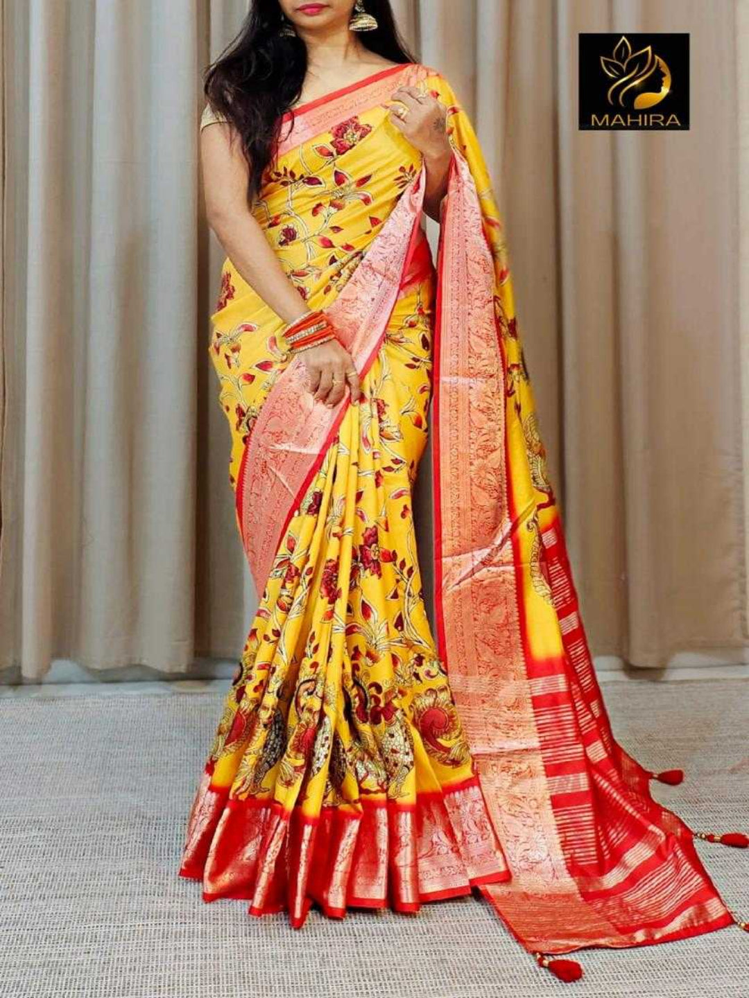 YNF Designer Lightweight Pure Dola Silk Saree with All-Over Pichwai Kalamkari & Luxurious Bandhani Pallu