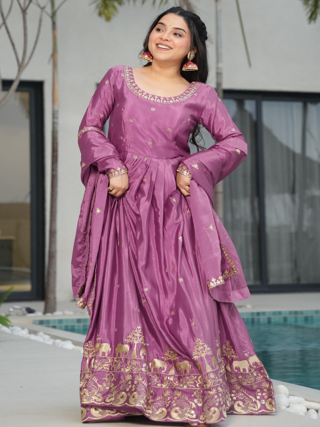 ES Designer Gown Chinnon Fabric With Embroidery, Zari & Sequin Work