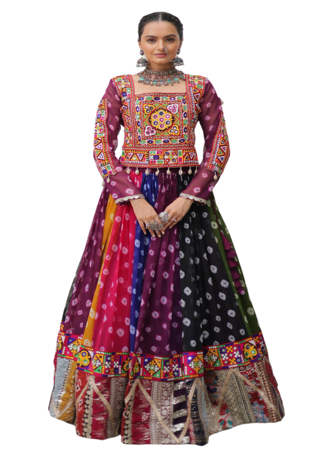Woman in a colorful traditional outfit standing in an archway.