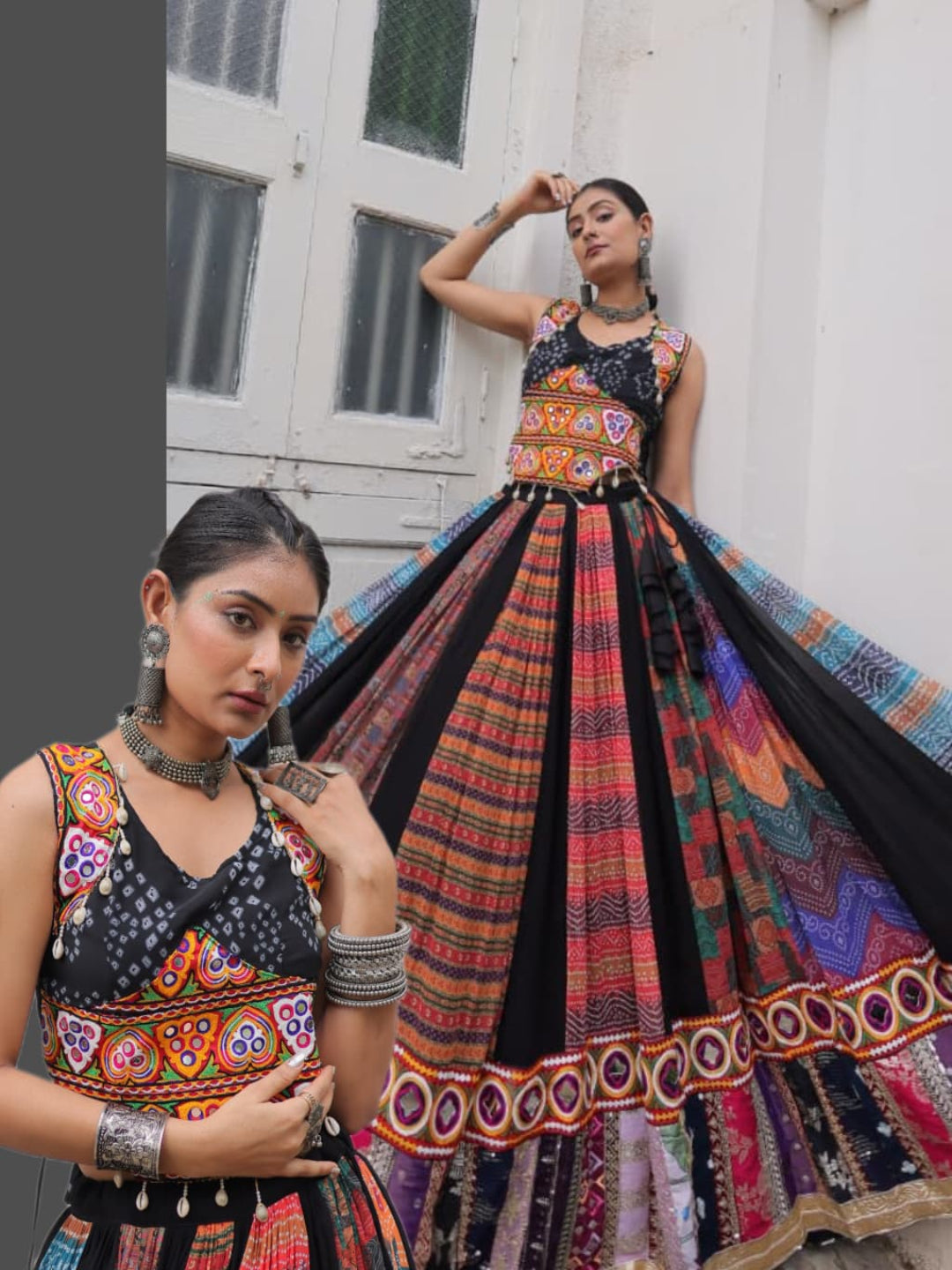 Two women wearing colorful traditional outfits with intricate patterns.