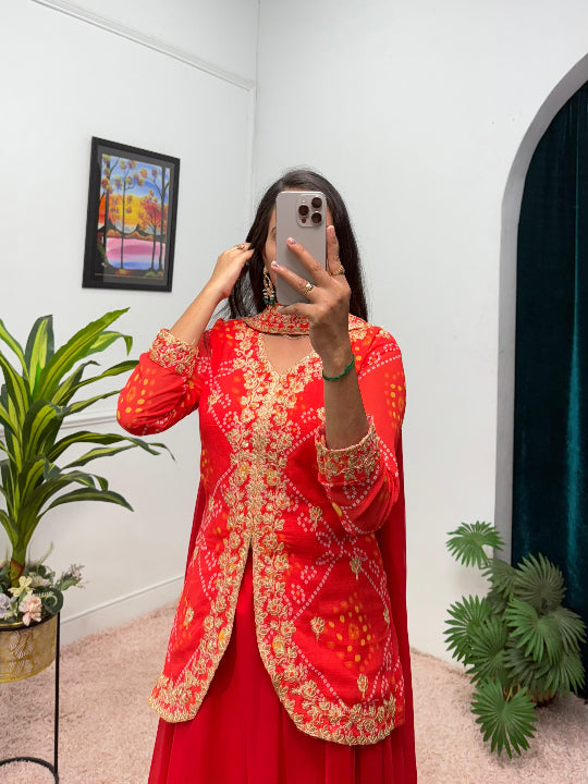 ES Women Faux Georgette Bandhani Koti-Lehenga 3 piece suit set