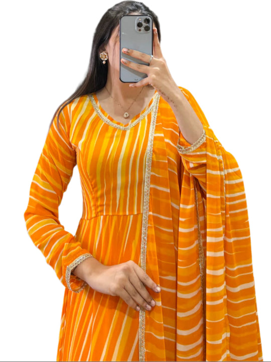 ES Women Georgette Gown work with Leheriya Georgette & Lace Touch Up