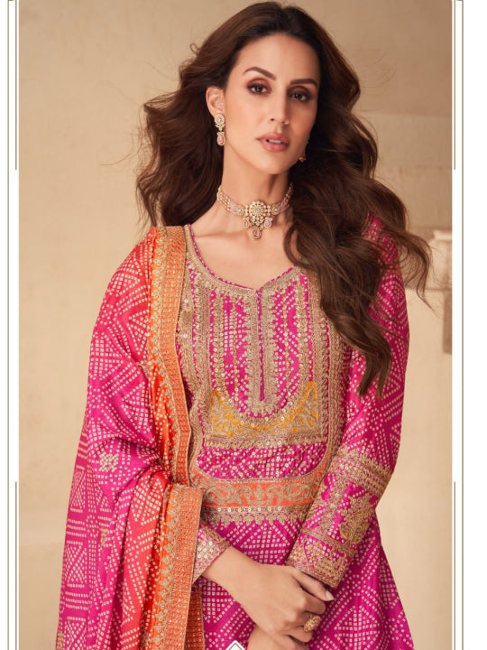 ES New Free-Size Stitched Catalog – Elegant Chinnon Silk Top, Plazzo & Dupatta