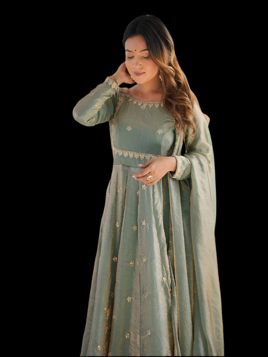 ES Fandy Silk Gown with Pant & Dupatta & Coding Sequnce work