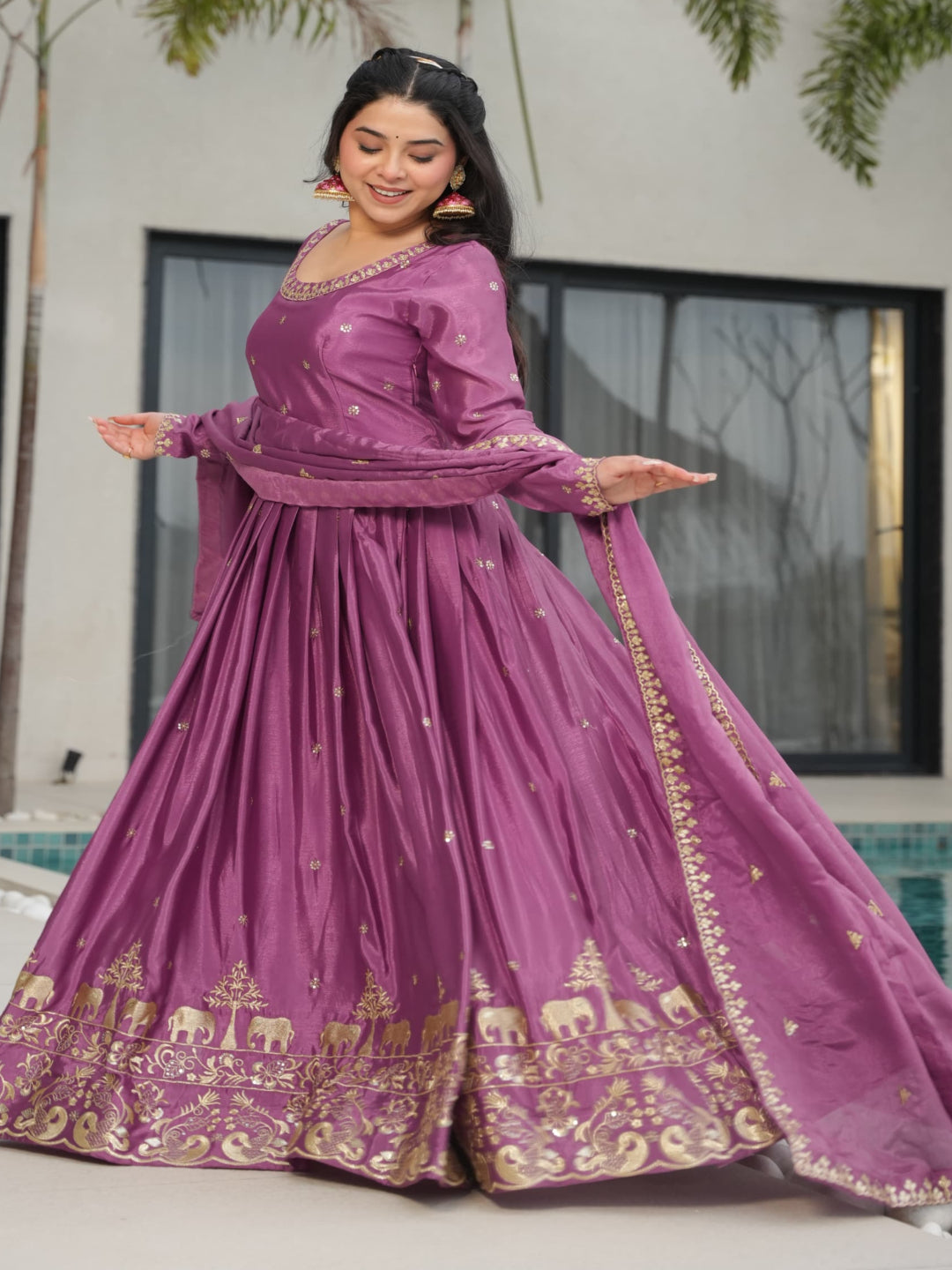 ES Designer Gown Chinnon Fabric With Embroidery, Zari & Sequin Work