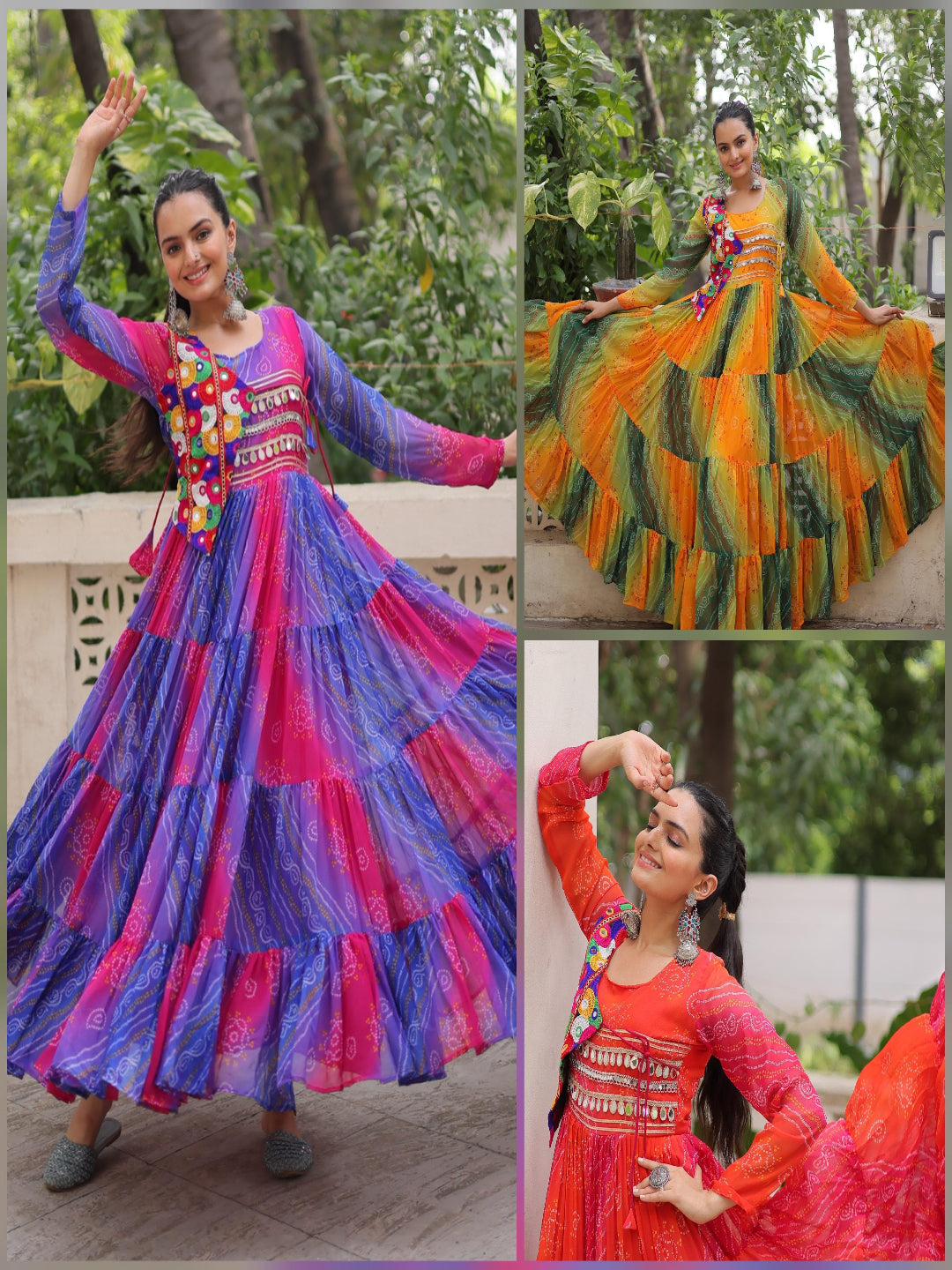 Three images of a woman in colorful traditional dresses with a green outdoor background.