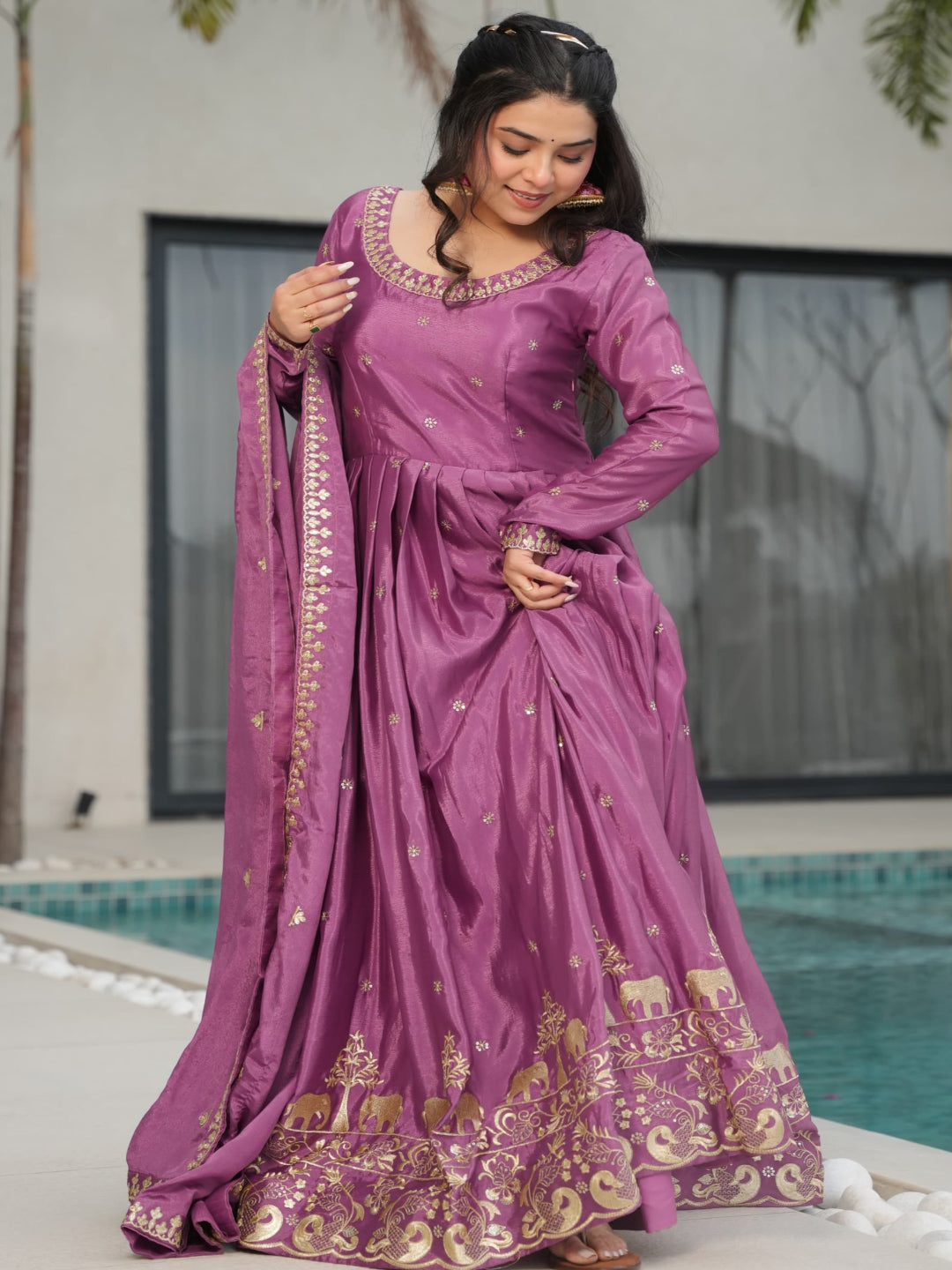 ES Designer Gown Chinnon Fabric With Embroidery, Zari & Sequin Work