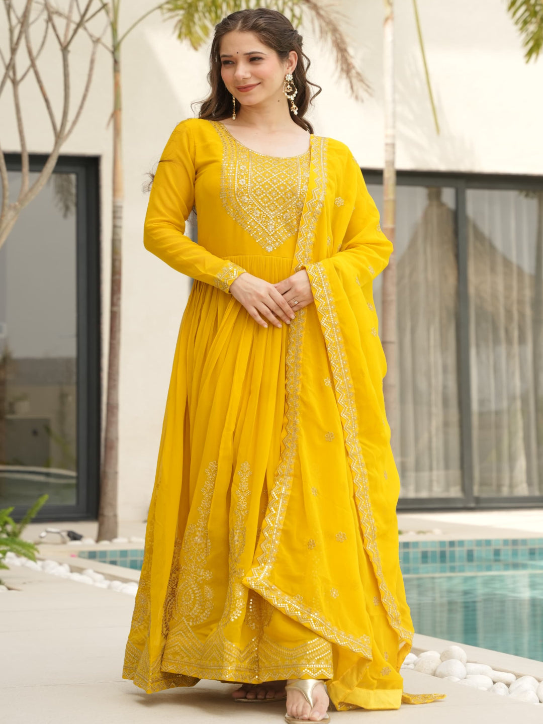 ES Embroidered Faux Blooming Gown with Dupatta – Festive & Party Wear