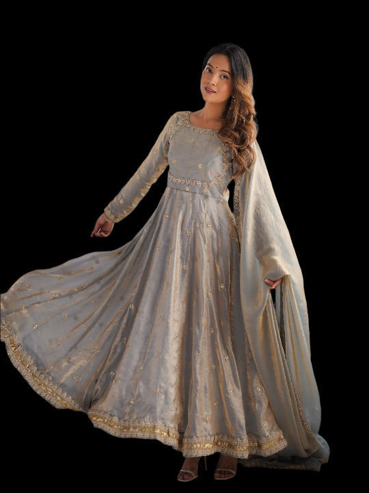 ES Fandy Silk Gown with Pant & Dupatta & Coding Sequnce work