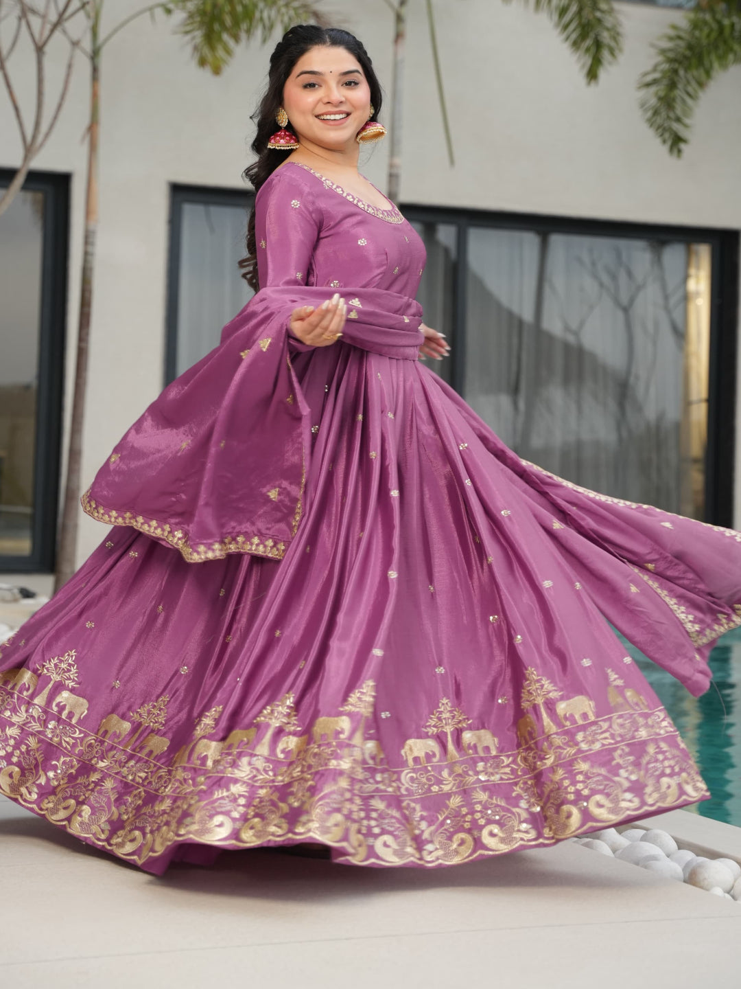 ES Designer Gown Chinnon Fabric With Embroidery, Zari & Sequin Work