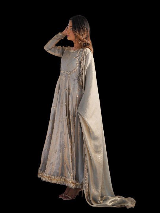 ES Fandy Silk Gown with Pant & Dupatta & Coding Sequnce work
