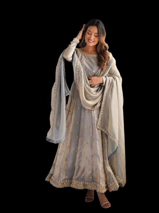 ES Fandy Silk Gown with Pant & Dupatta & Coding Sequnce work