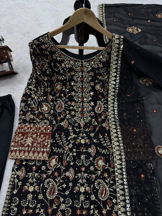 ES Foux Gorgette Thread with Sequence and Real Diamond (With Pant & Dupatta)