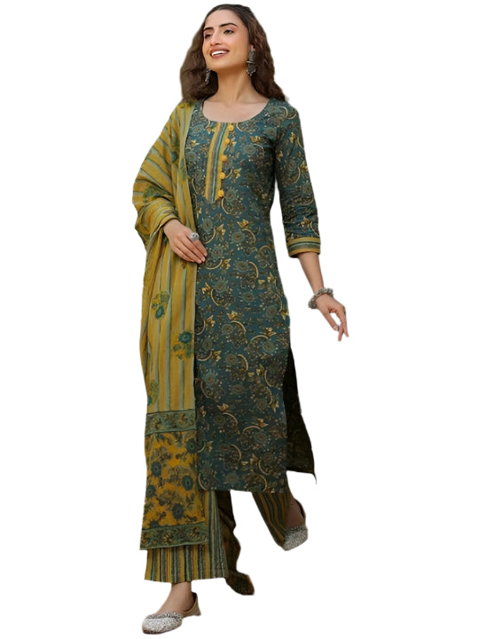 ICF Women Dark Green Floral Cotton Kurti Set with Pant & Dupatta