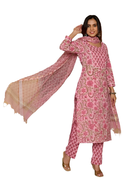 ICF Women Peach Cotton Kurti Set with Pant & Dupatta