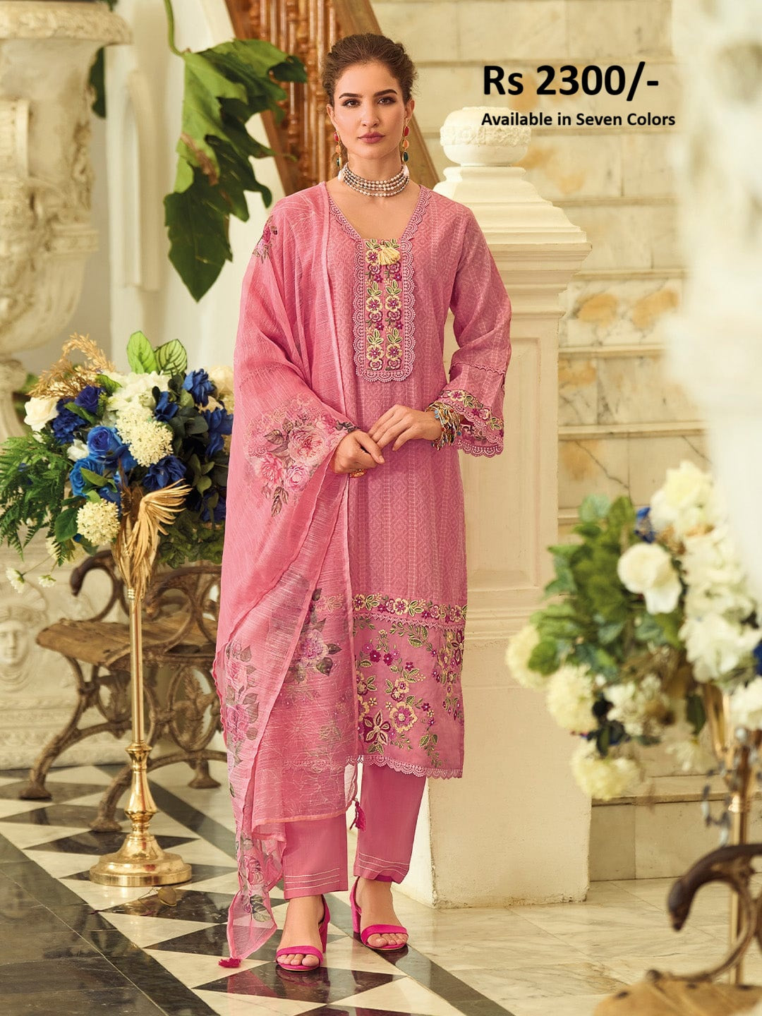 KF Women Floral Motif Thread Embroidered & Orangza Lace Detailed Kurta With Trouser & Dupatta