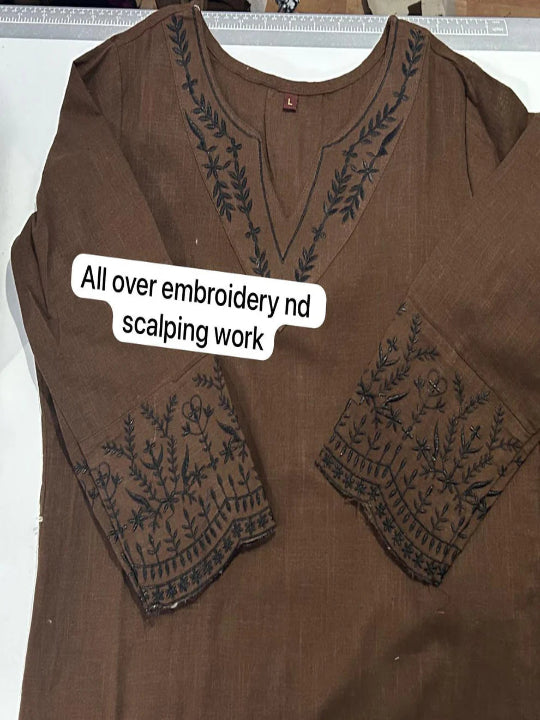 ICF Women Brown Khadi Cotton Suit Set with Embroidery & Digital Print Dupatta