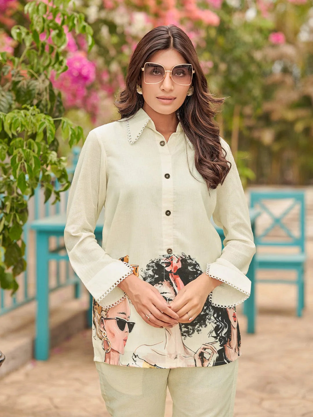 KF Pure Cotton Printed Apple Hem Shirt Collar Shirt With Trousers Co-Ords