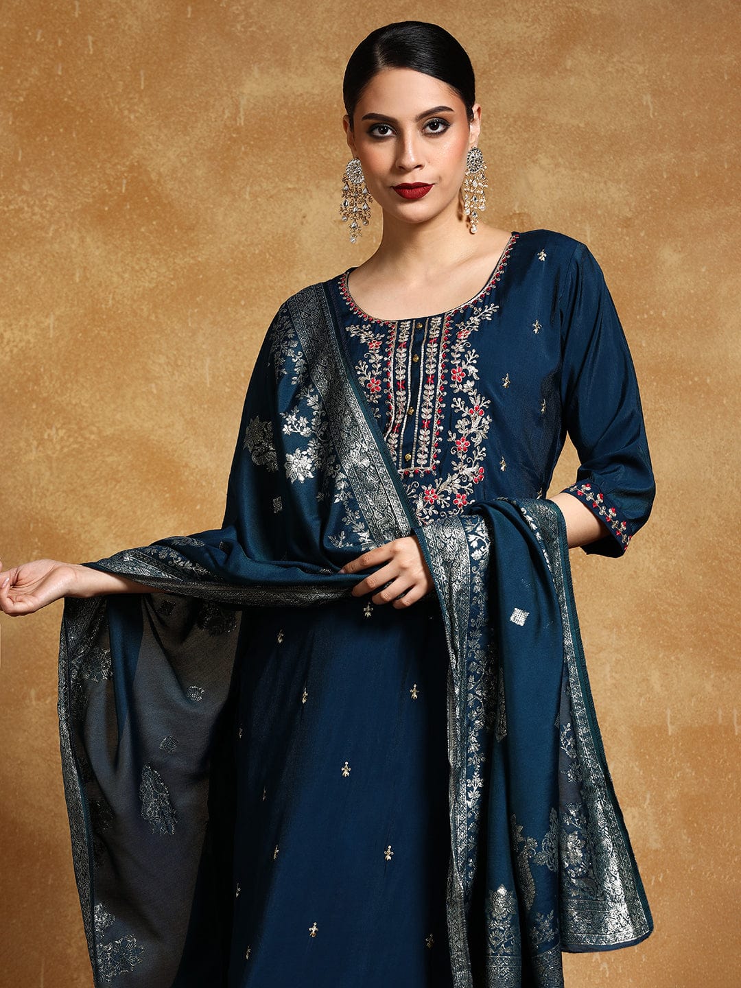 KF Zari Embroidered Yoke with All Over Floral Motif Buta Kurta with Trouser & Dupatta