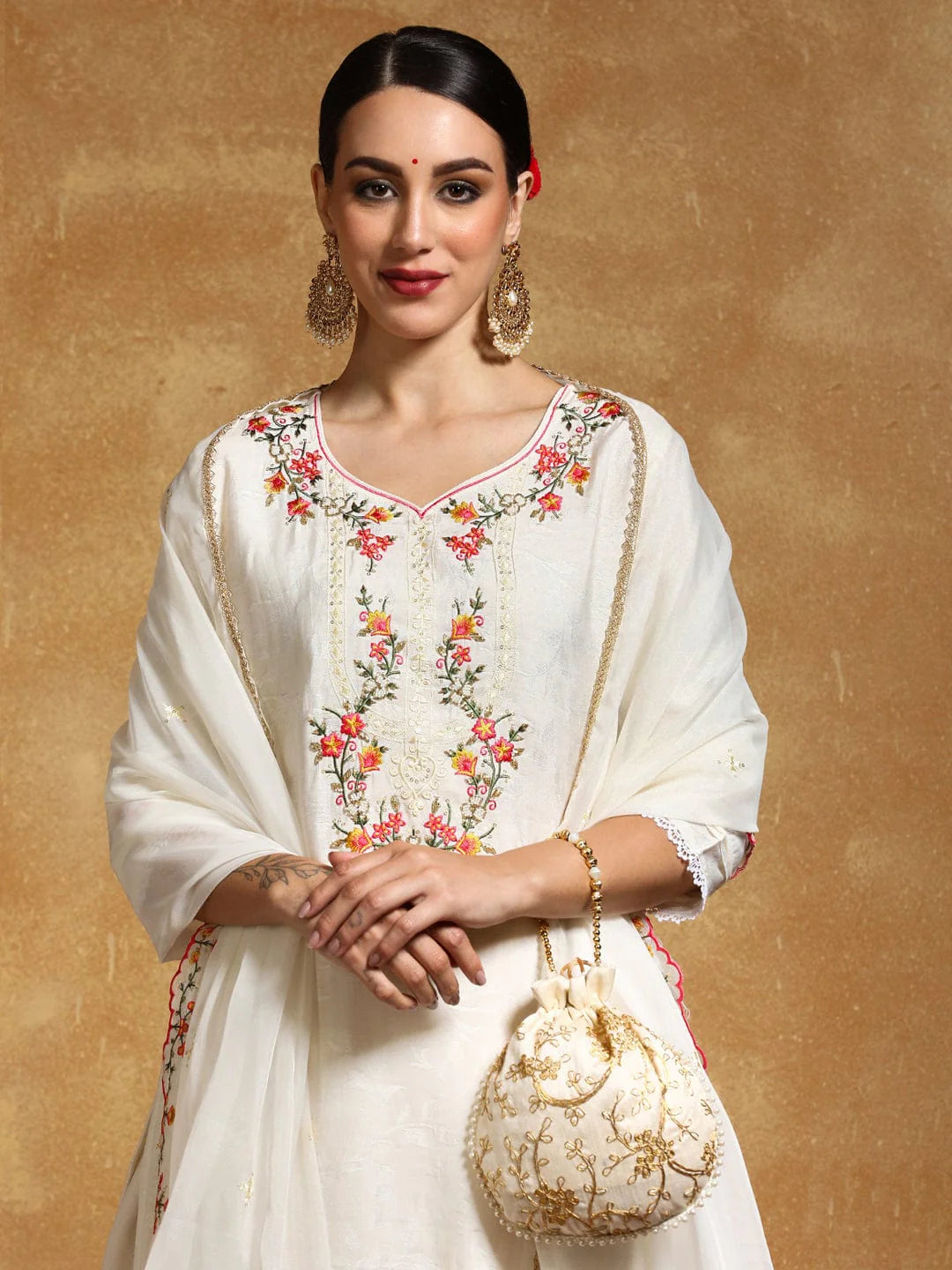 KF Floral Motif Thread Embroidered Yoke Kurta with Trouser & Dupatta