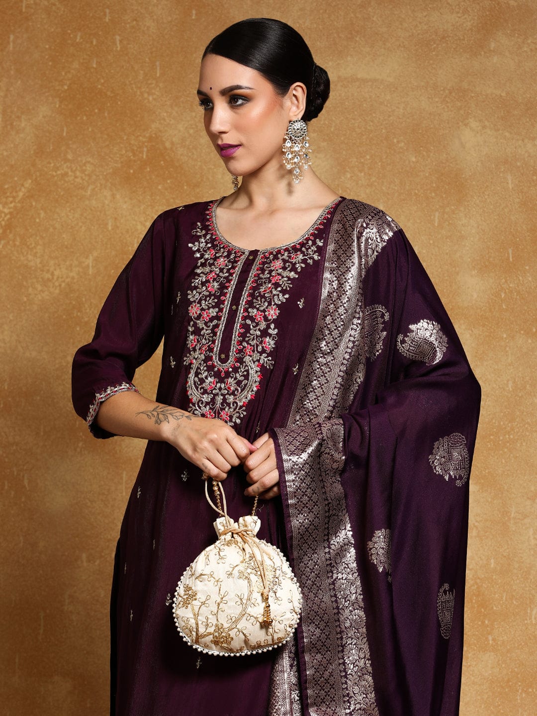 KF Zari Embroidered Yoke with All Over Floral Motif Buta Kurta with Trouser & Dupatta