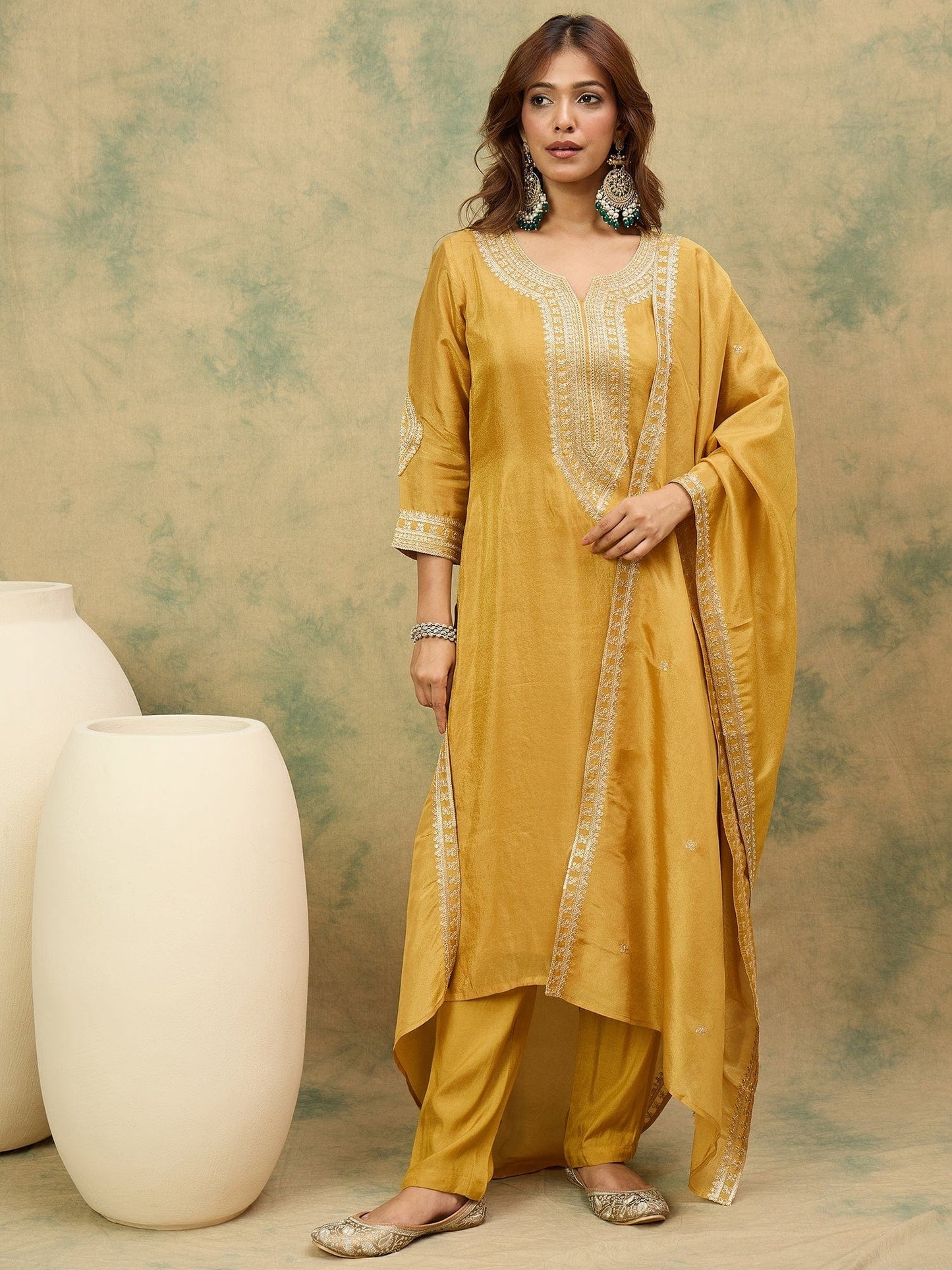 KF Zari Embroidered Yoke Kurta With Trouser And Dupatta