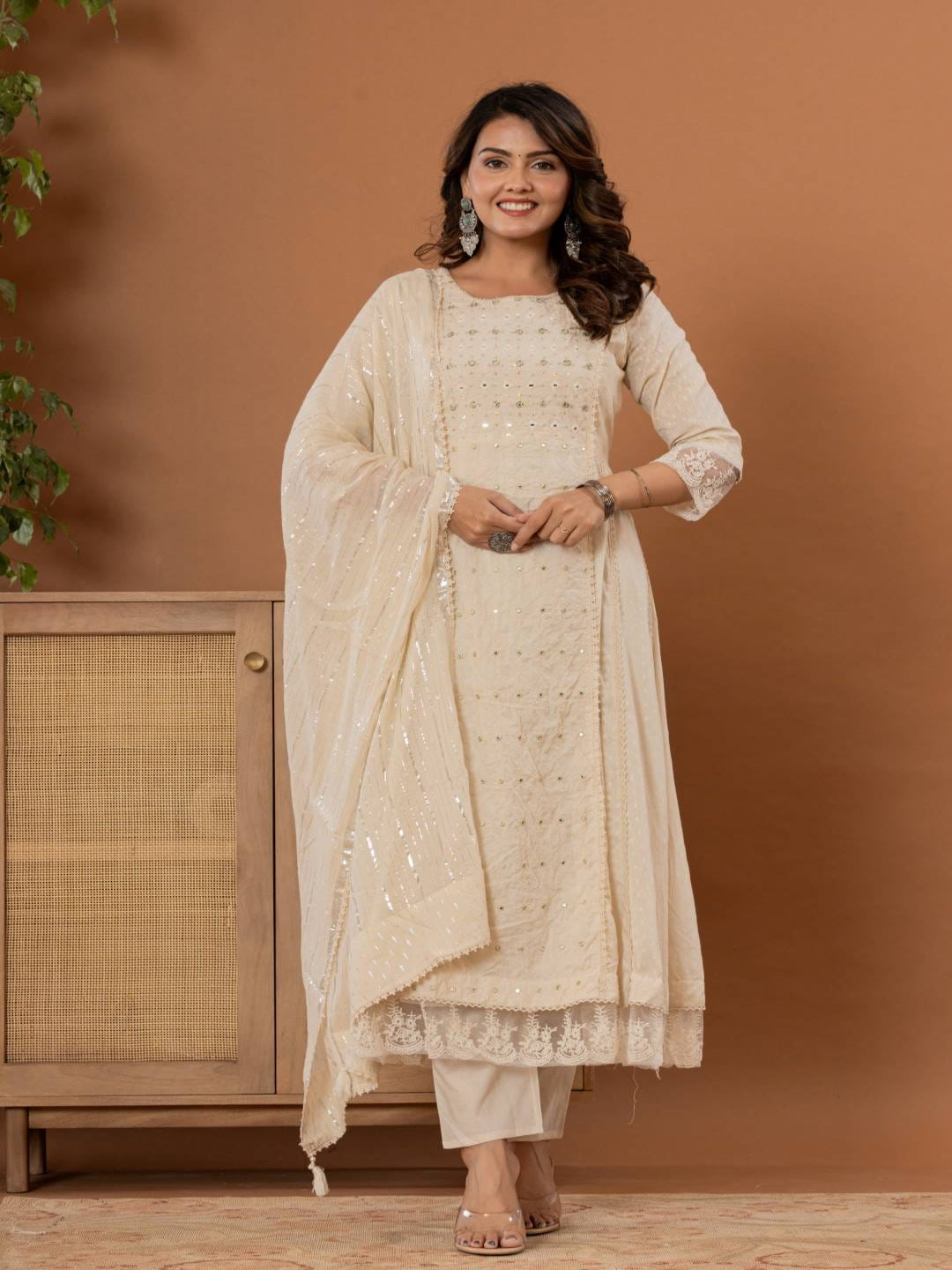 KF Women Embroidered Panelled Mirror Work Pure Cotton Kurta with Trousers & Dupatta
