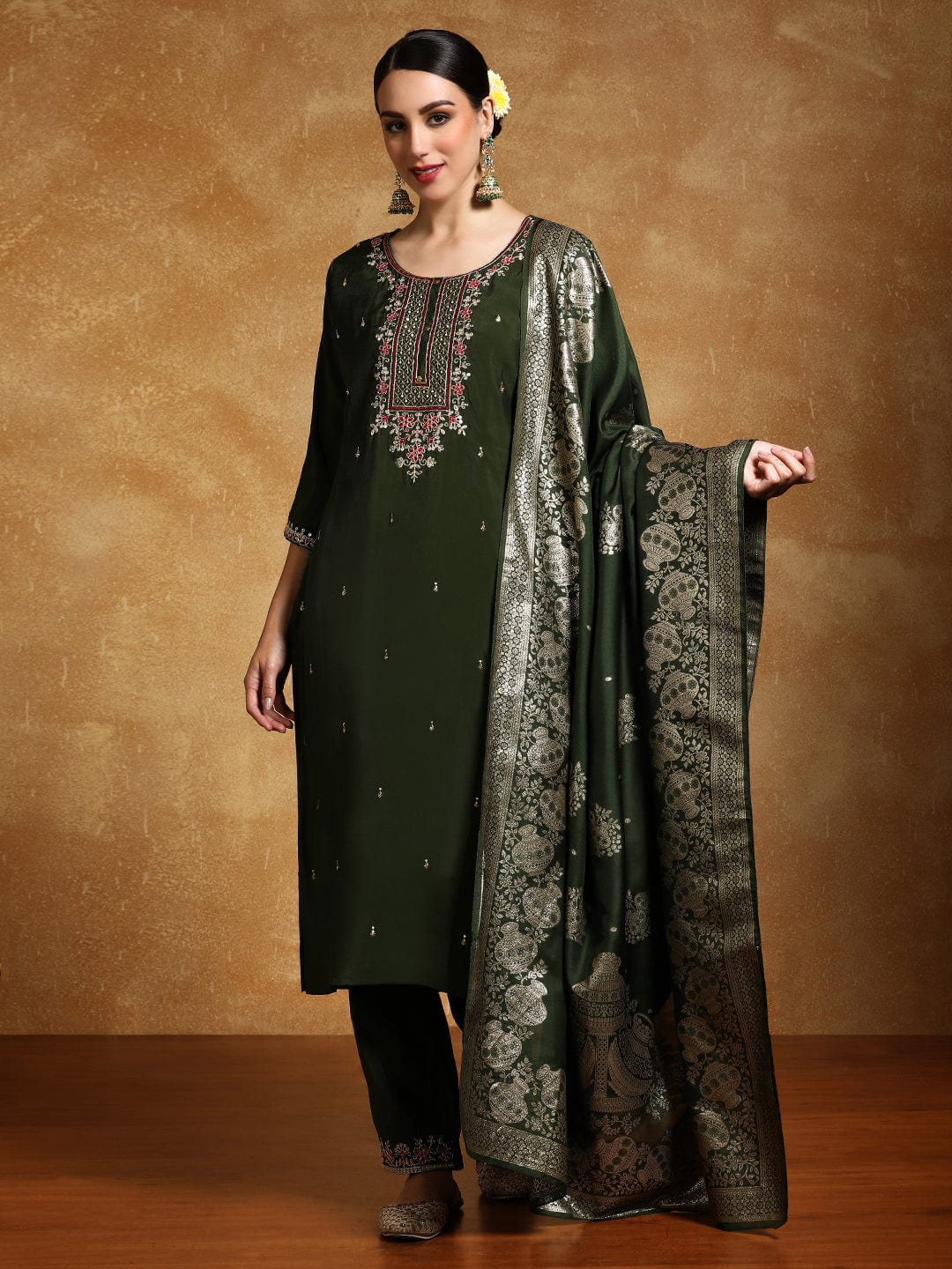 KF Zari Embroidered Yoke with All Over Floral Motif Buta Kurta with Trouser & Dupatta