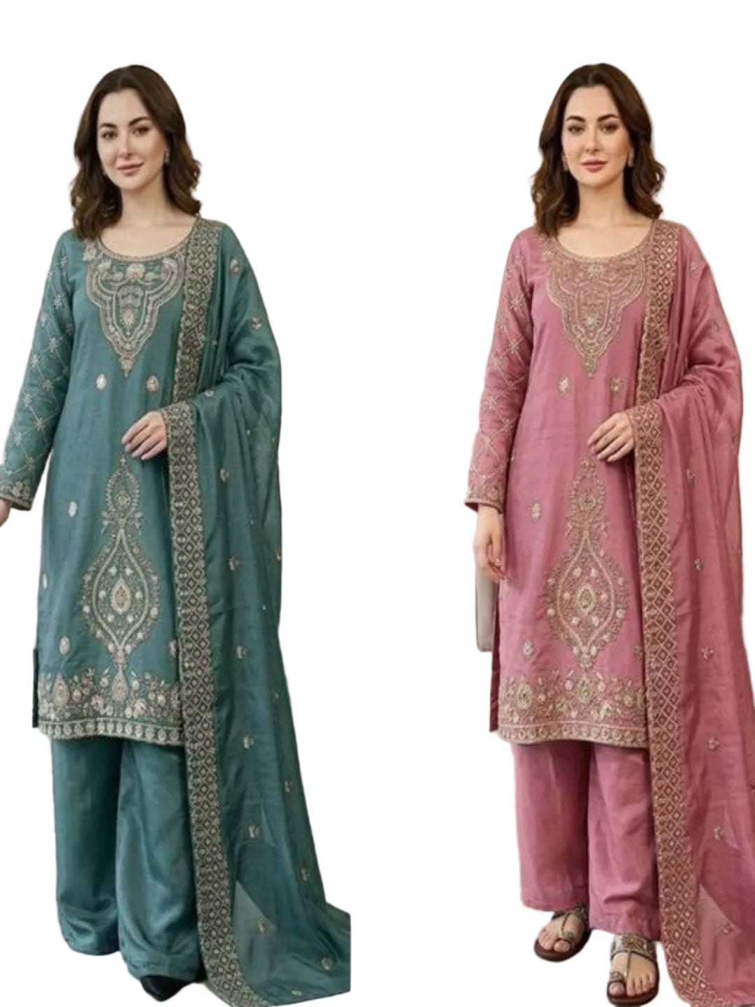 Women’s Jimmy Choo Silk Embroidered Top and Sharara Set with Sequence Cutwork Dupatta - RE