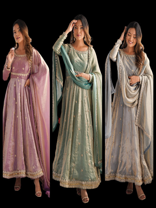 ES Fandy Silk Gown with Pant & Dupatta & Coding Sequnce work