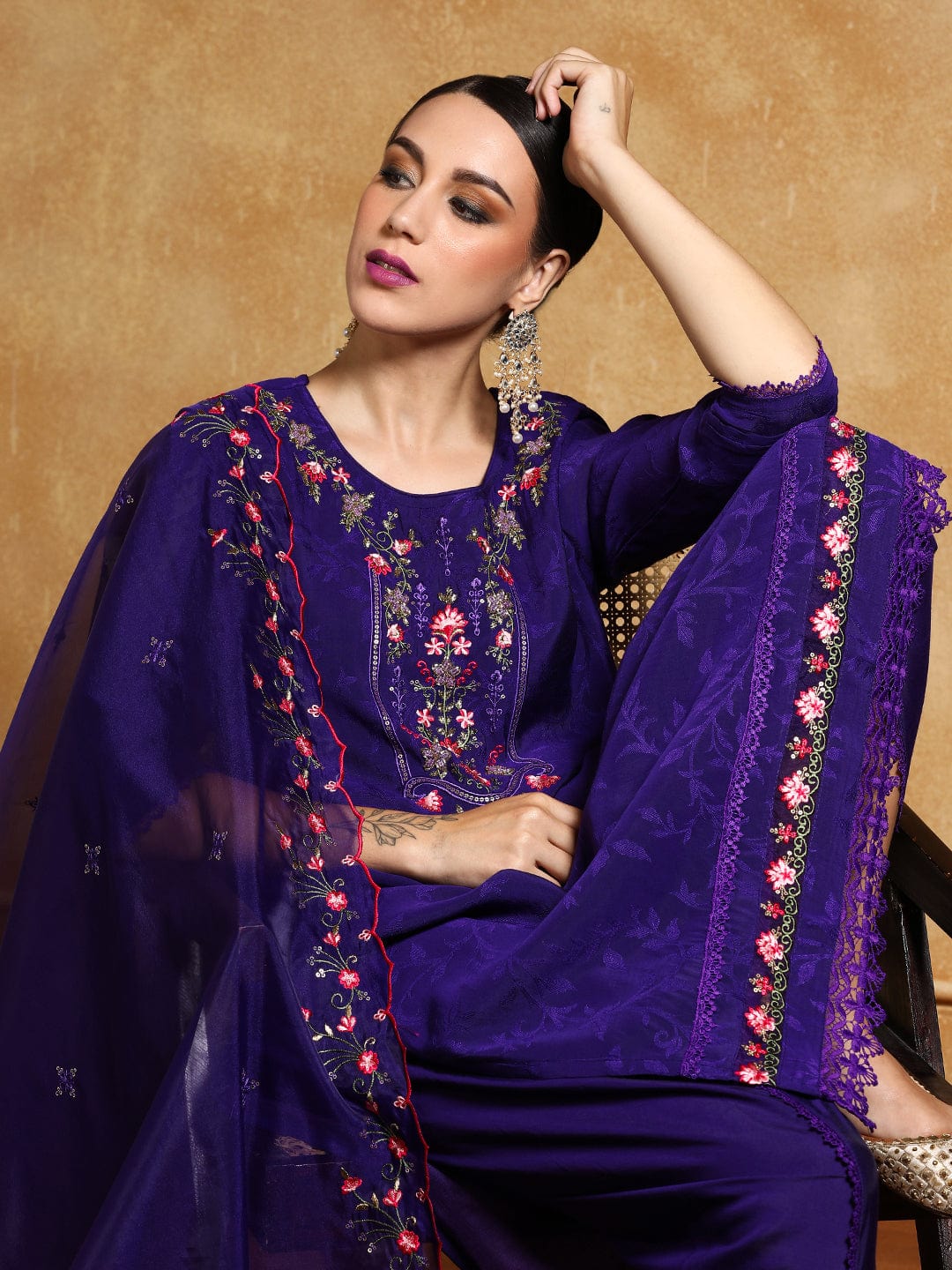 KF Floral Motif Thread Embroidered Yoke Kurta with Trouser & Dupatta