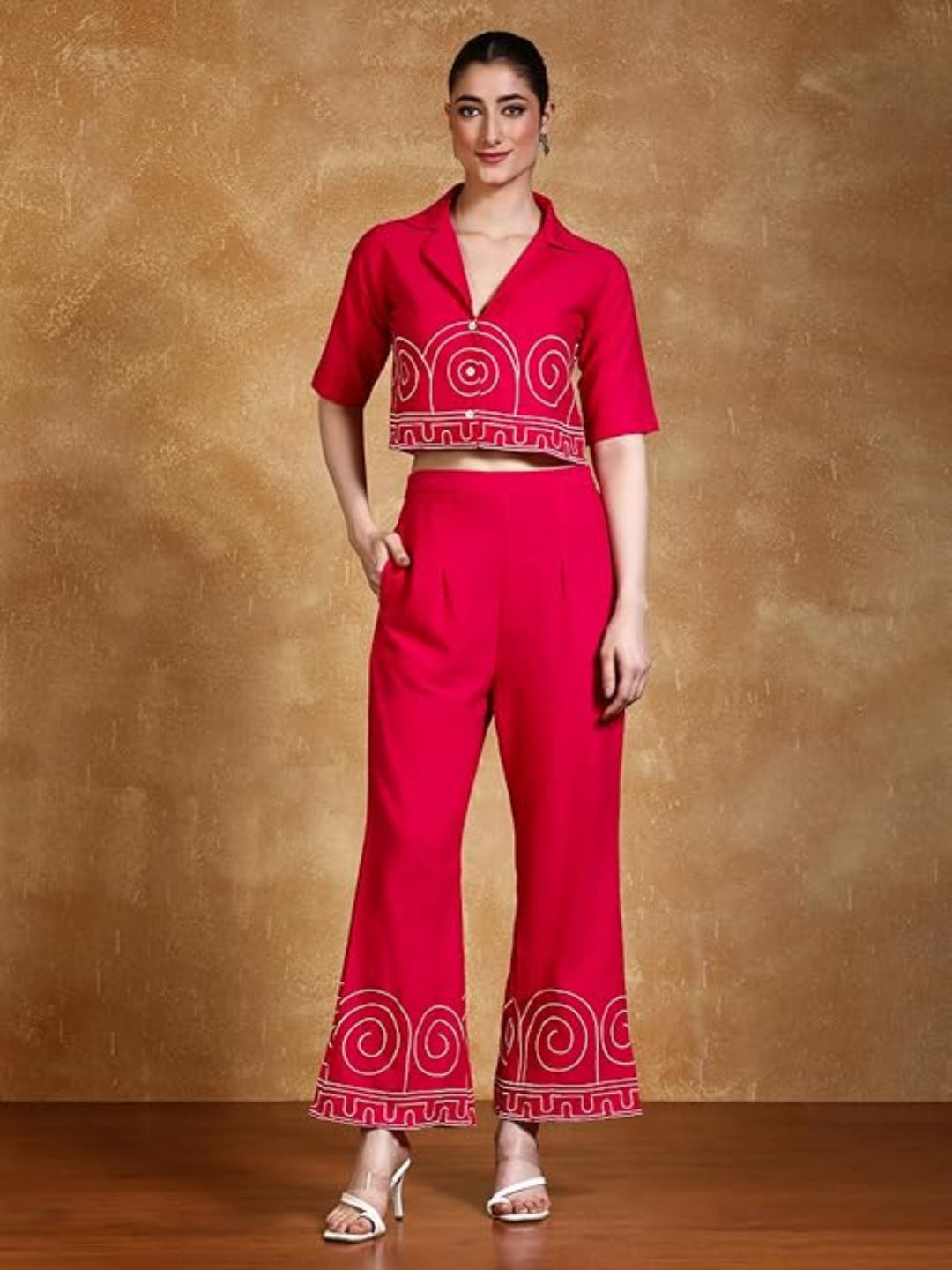 KF Thread Embroidered Crop Shirt with Flared Palazzo