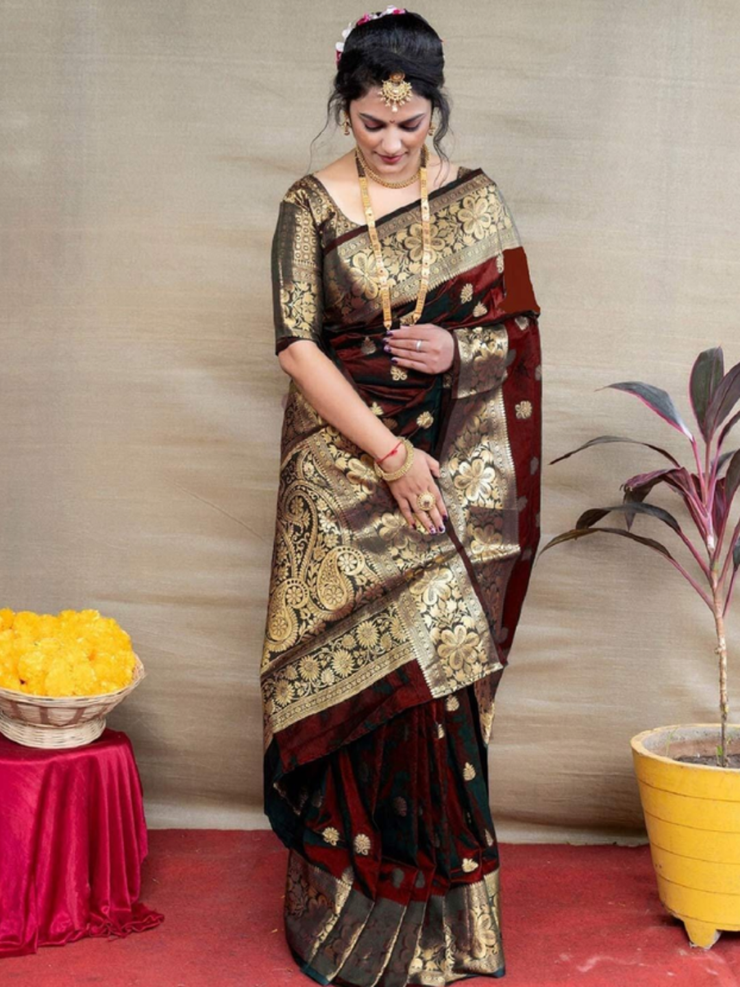Woman in a traditional saree standing indoors with decorative elements.