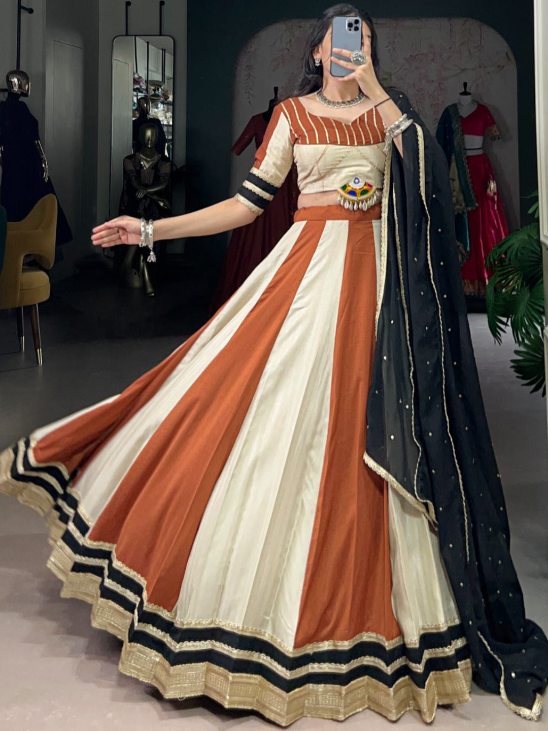 ES Designer Chinon Lehenga Set with Mirror & Embroidery Work -Stitched