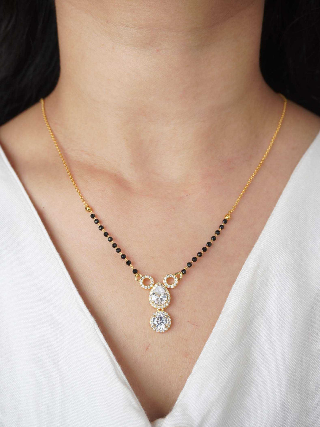 YNF Modern Brass Gold Plated Short Mangalsutra with Dazzling AD Diamond Pendant