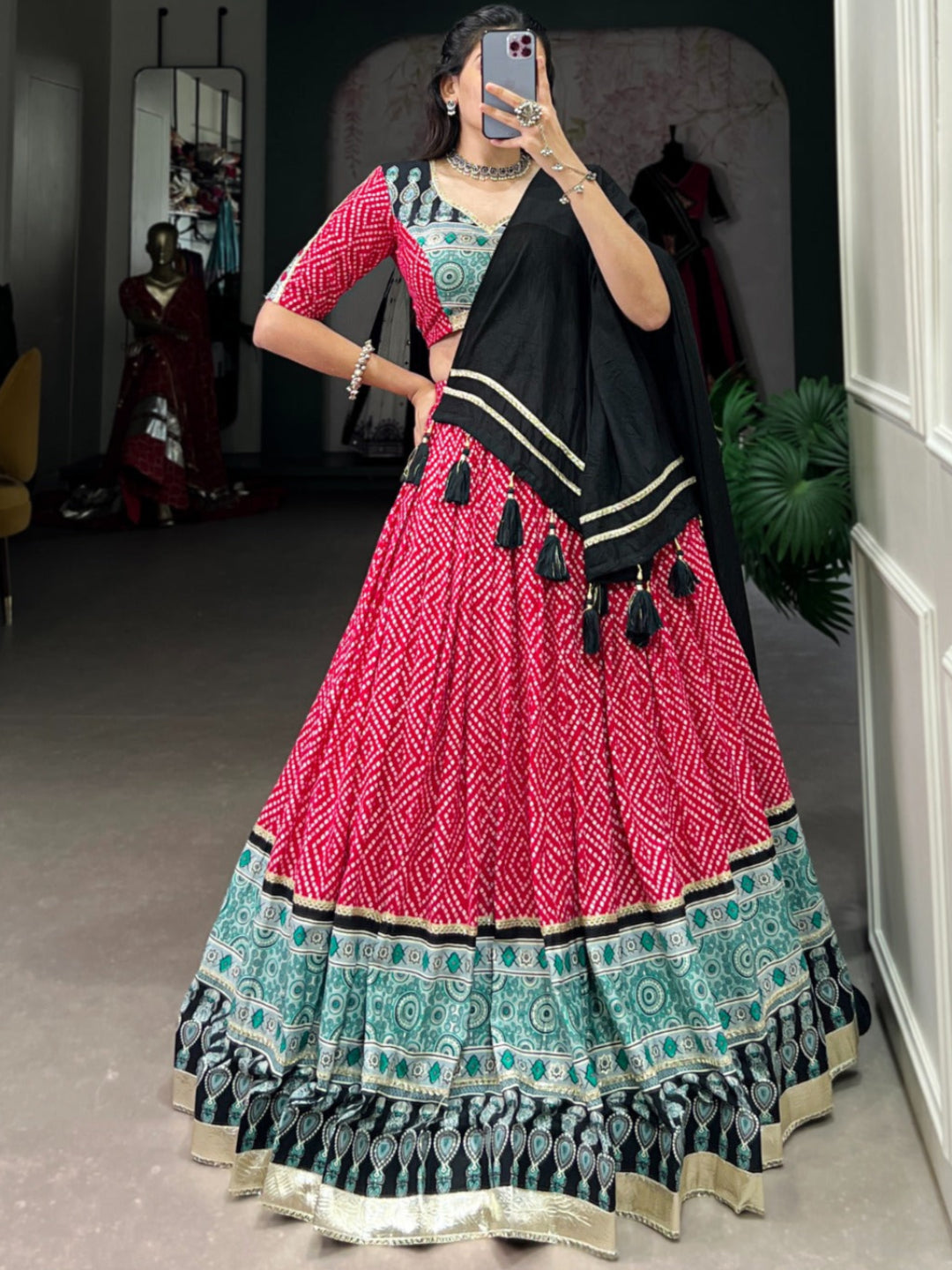 ES Ethnic Rayon Bandhej & Ajarakh Printed Lehenga Set - Stitched