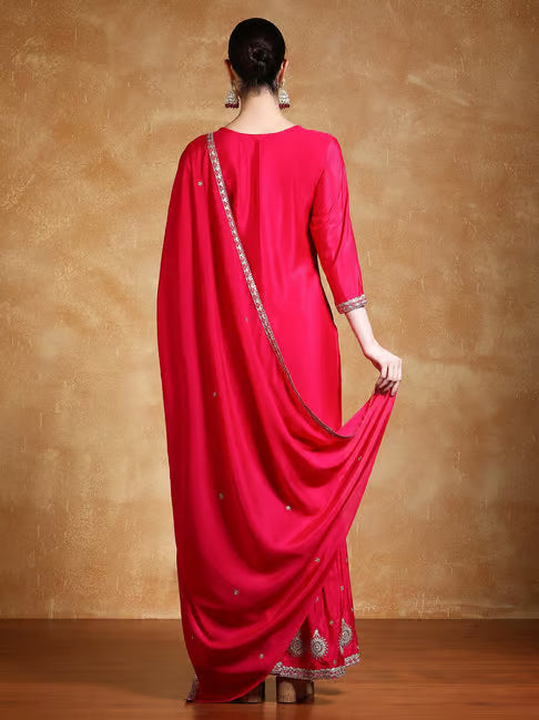 KF Women Zari Embroidered Yoke Kurta With Sharara And Dupatta