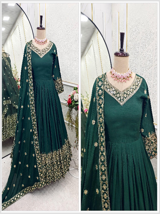 ES Pure Chinon Silk with Heavy Embroidery, Sequin Work, and Sleeves Fully Stitched