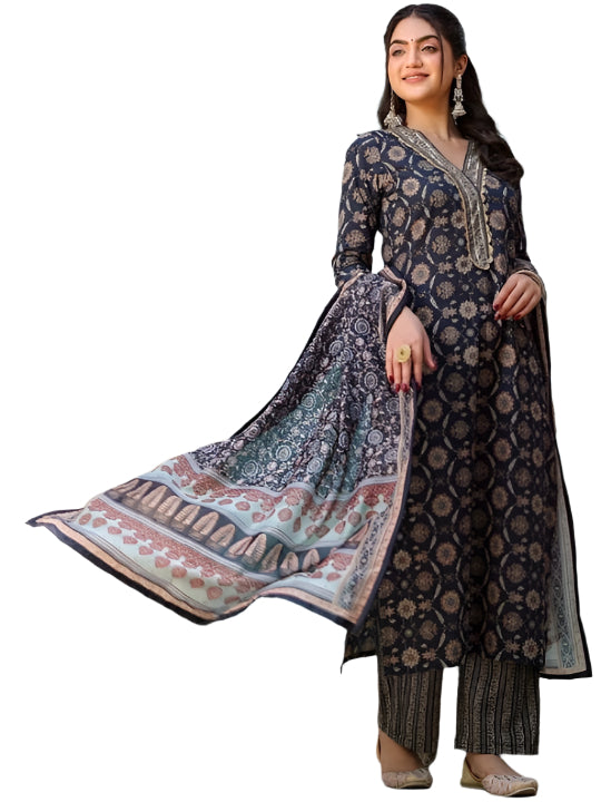 ICF Women Navy Blue Floral Cotton Kurti Set with Pant & Dupatta