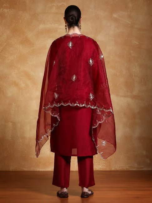 KF Women Zari & Sequin Embroidered Yoke Kurta With Trouser & Dupatta