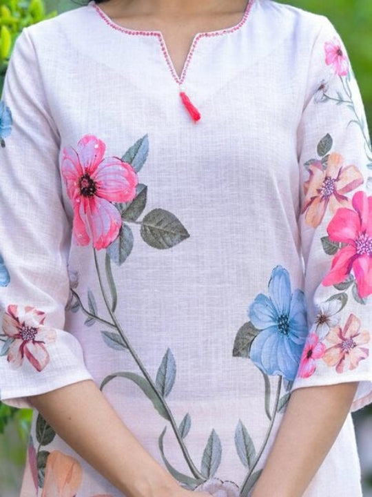 ICF Women Off White Floral Cotton Kurti Set with Pant & Dupatta