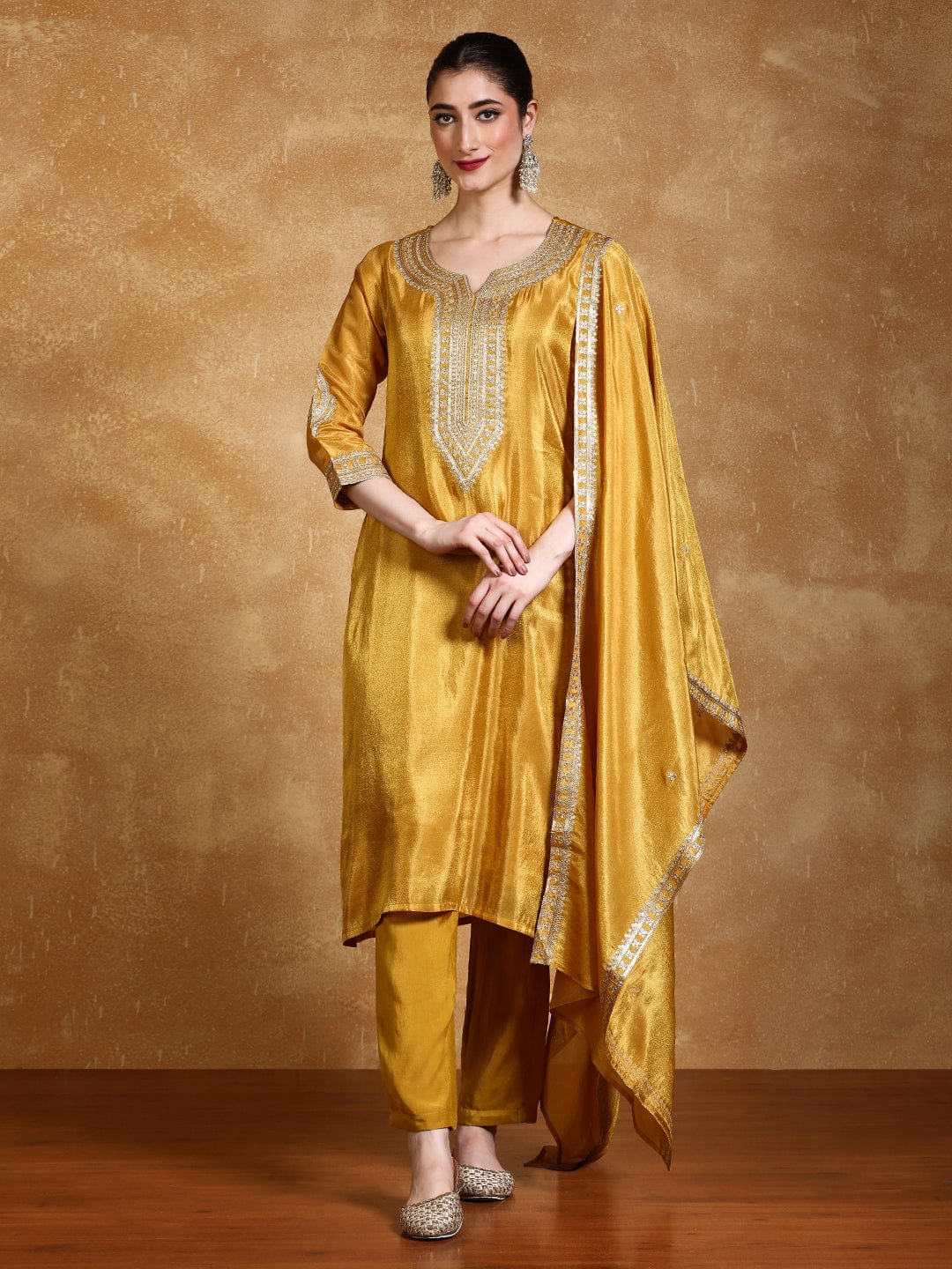 KF Zari Embroidered Yoke Kurta With Trousers And Dupatta