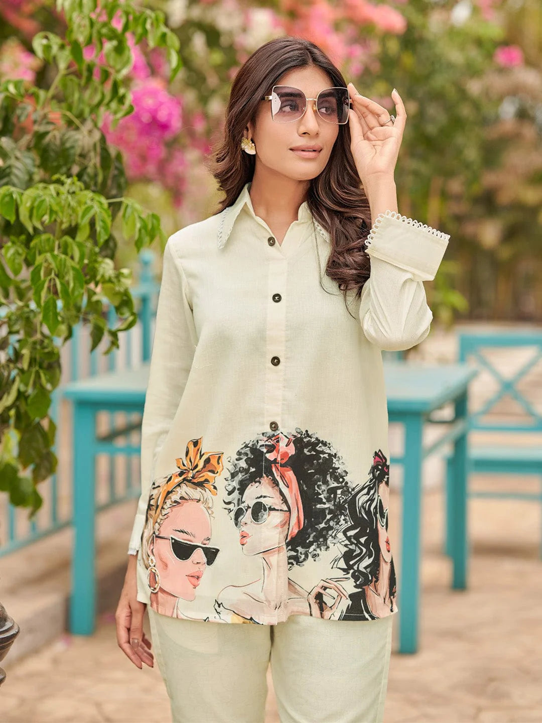 KF Pure Cotton Printed Apple Hem Shirt Collar Shirt With Trousers Co-Ords