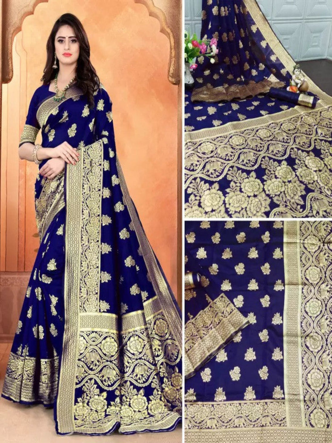 Blue saree with gold patterns and a woman wearing it, set against an orange wall.