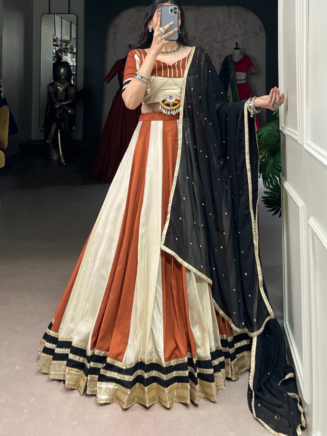 ES Designer Chinon Lehenga Set with Mirror & Embroidery Work -Stitched