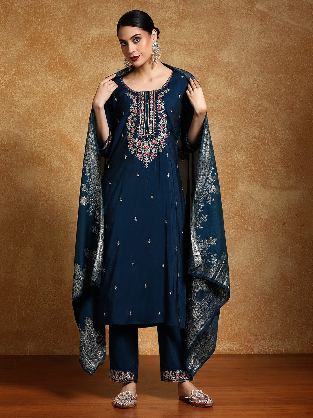 KF Zari Embroidered Yoke with All Over Floral Motif Buta Kurta with Trouser & Dupatta